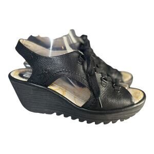 Fly London Women’s Ylfa Black Leather Lace Up Wedge Sandals Size-39 (8)